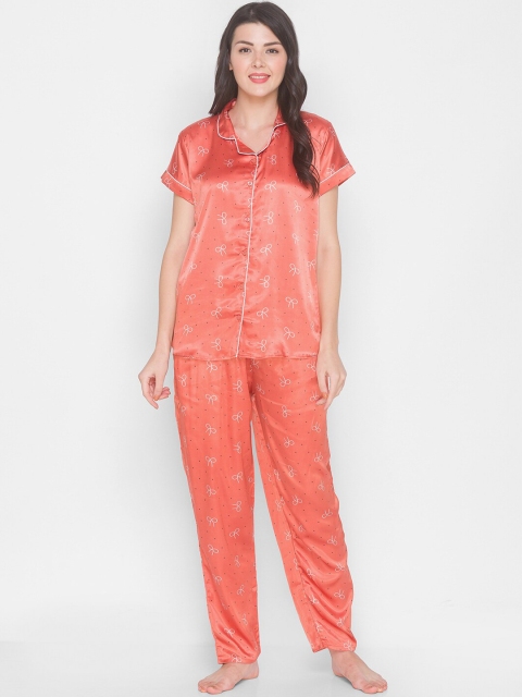 

AV2 Women Peach & White Abstract Printed Satin Night Suit