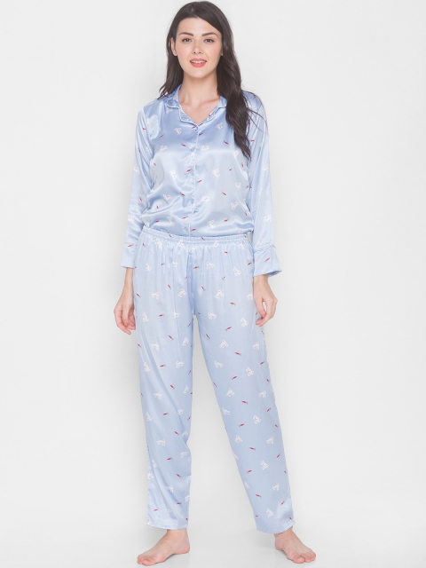 

AV2 Women Blue & White Conversational Printed Night suit