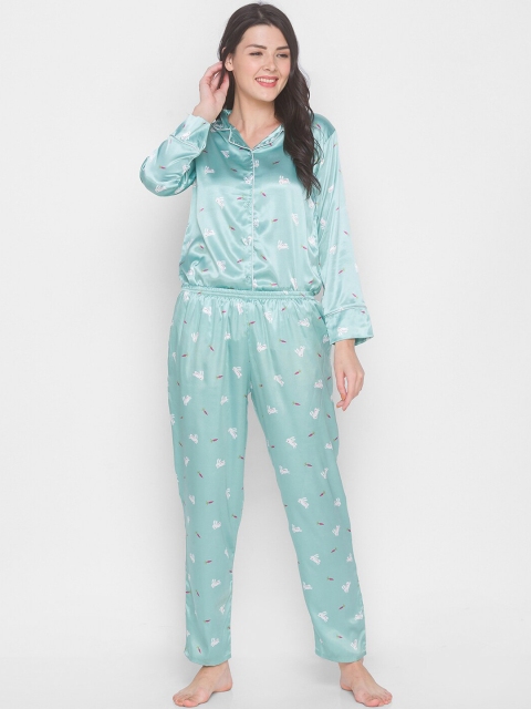 

AV2 Women Sea Green Satin Printed Night Suit