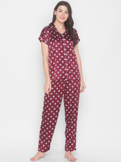 

AV2 Women Maroon & White Geometric Printed Satin Night Suit