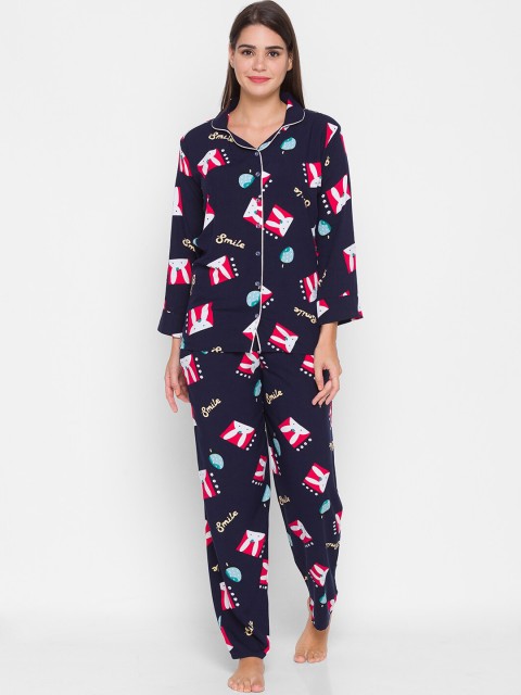

AV2 Women Navy Blue & Pink Printed Night suit