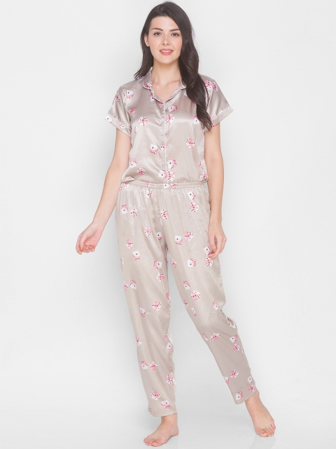 

AV2 Women Beige & Pink Conversational Printed Satin Night suit