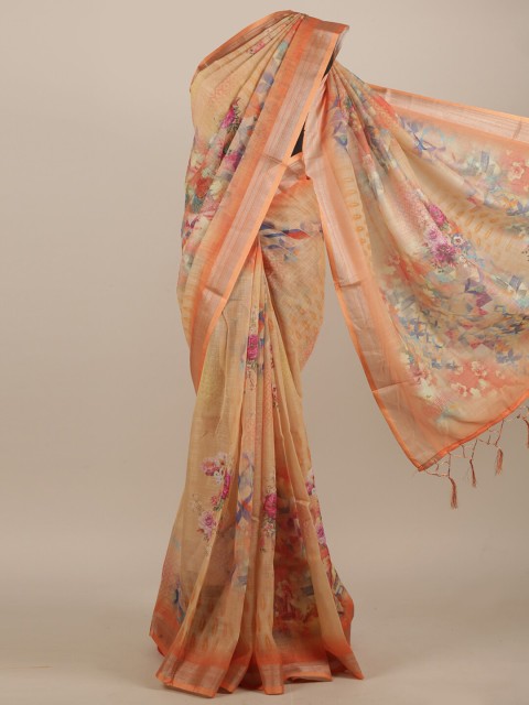 

Pothys Beige & Gold-Toned Floral Linen Blend Saree