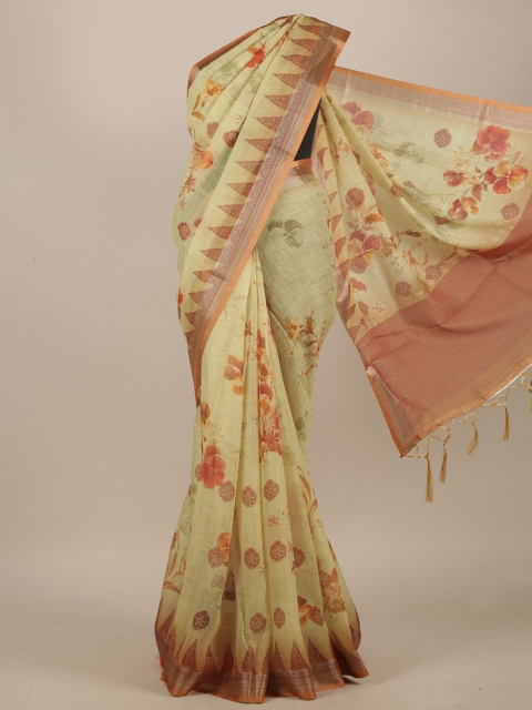 

Pothys Cream-Coloured & Brown Floral Linen Blend Saree