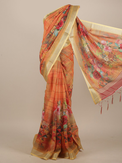 

Pothys Orange & Gold-Toned Floral Zari Linen Blend Saree