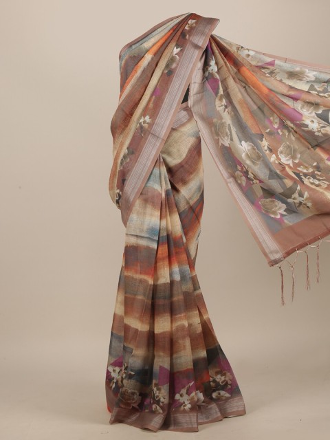 

Pothys Brown & Orange Floral Zari Linen Blend Saree