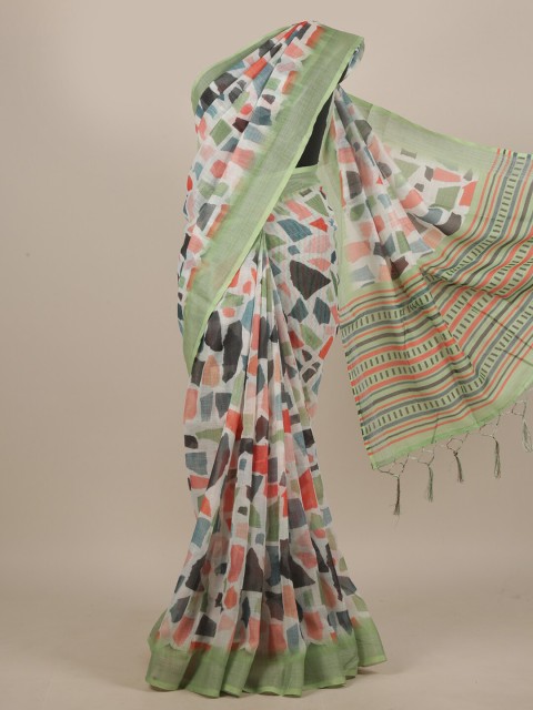 

Pothys White & Green Linen Blend Saree