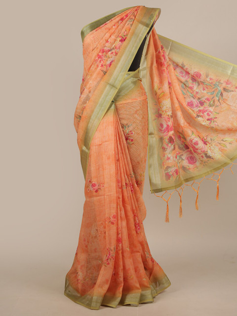 

Pothys Orange & Green Floral Zari Linen Blend Saree