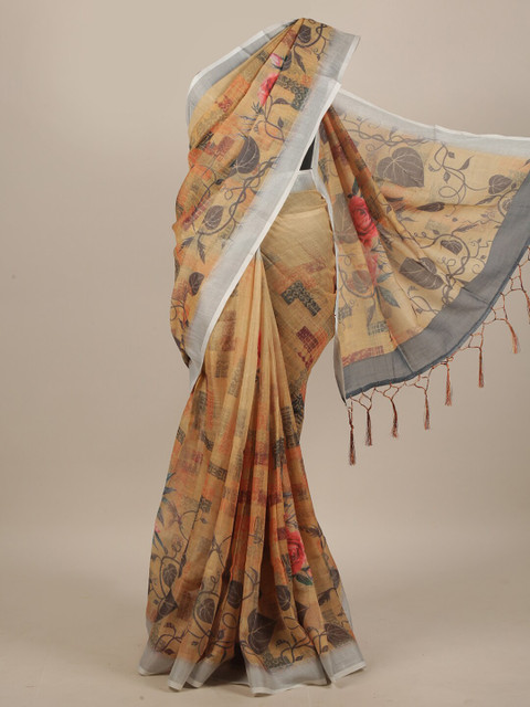 

Pothys Mustard & Black Floral Linen Blend Saree
