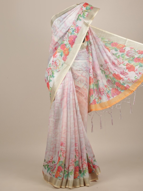 

Pothys Cream-Coloured & Pink Floral Zari Linen Blend Saree