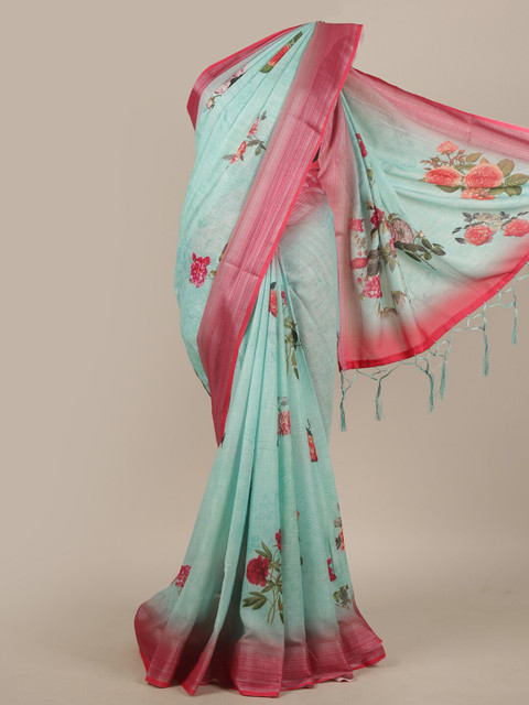 

Pothys Green & Pink Floral Linen Blend Saree