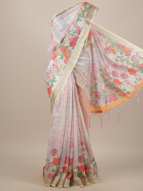 

Pothys Cream-Coloured & Pink Floral Linen Blend Saree