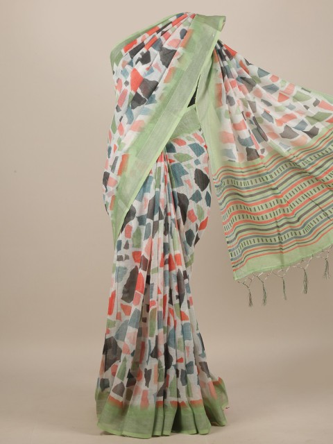 

Pothys White & Green Linen Blend Saree