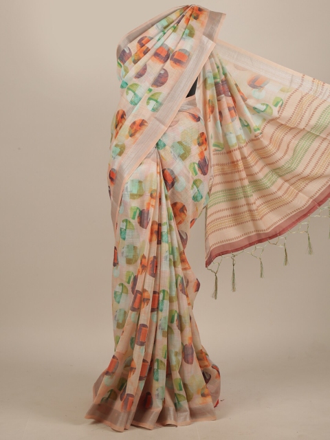 

Pothys Peach-Coloured & Green Linen Blend Saree
