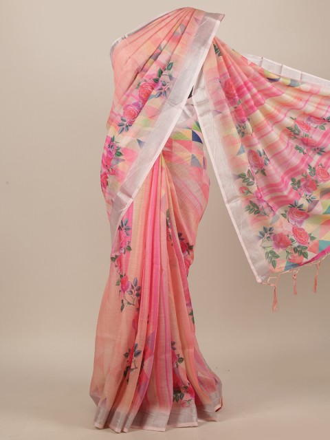 

Pothys Pink & Green Floral Linen Blend Saree