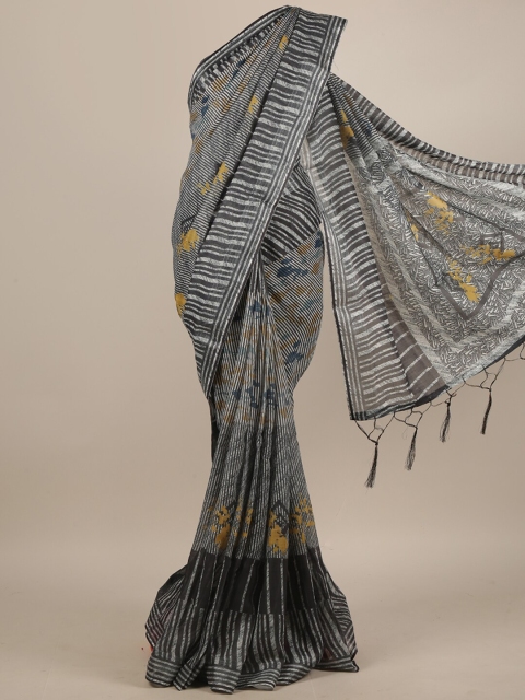 

Pothys Grey & White Striped Linen Blend Saree