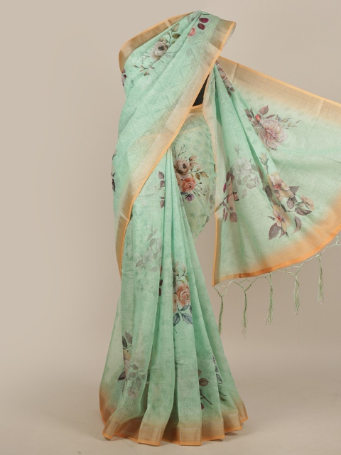 

Pothys Green & Peach-Coloured Floral Linen Blend Saree