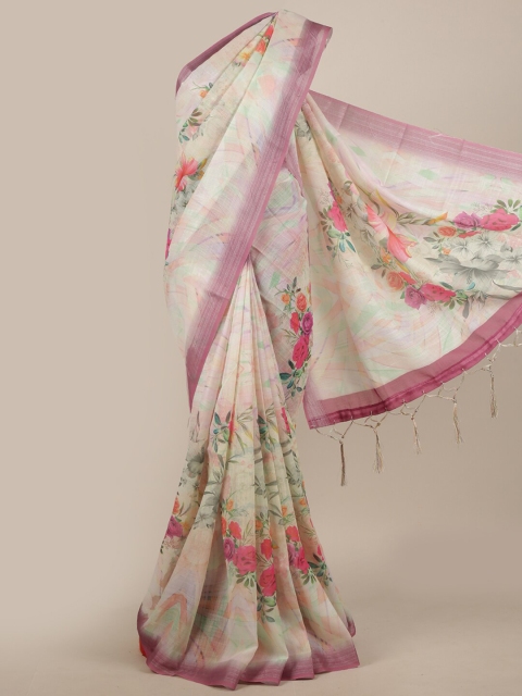

Pothys Cream-Coloured & Purple Floral Linen Blend Saree