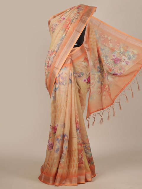

Pothys Peach-Coloured Floral Linen Blend Saree