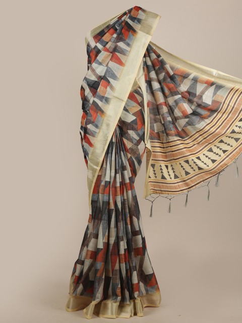 

Pothys Cream-Coloured & Grey Linen Blend Saree