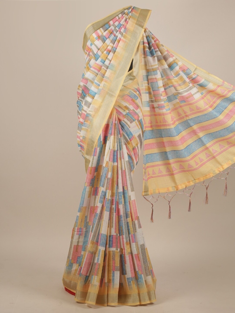 

Pothys Cream-Coloured & Blue Linen Blend Saree