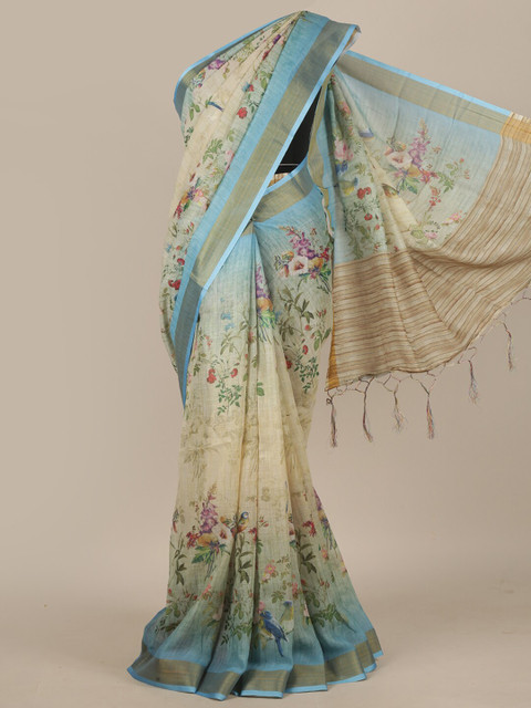 

Pothys Cream-Coloured & Green Floral Linen Blend Saree