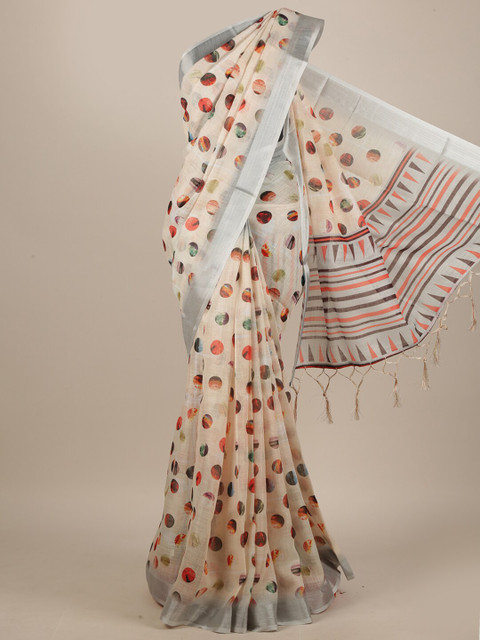 

Pothys Cream-Coloured & Silver-Toned Linen Blend Saree