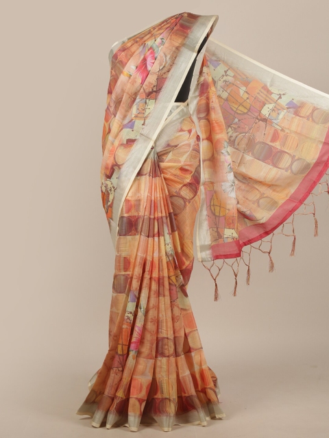 

Pothys Peach-Coloured & Brown Linen Blend Saree