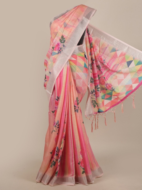 

Pothys Pink & Green Floral Linen Blend Saree