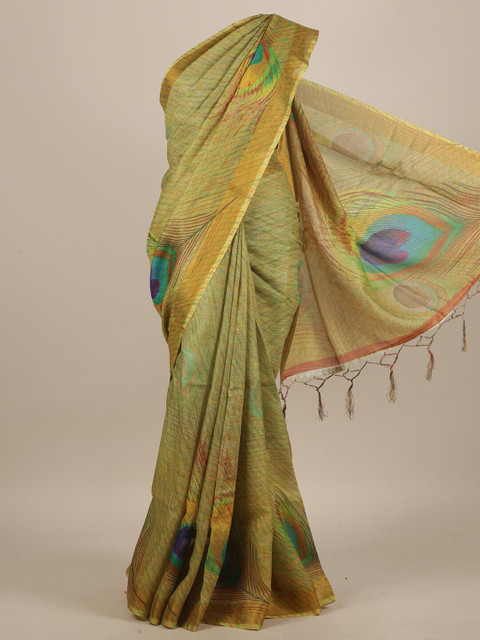 

Pothys Green Ethnic Motifs Linen Blend Saree