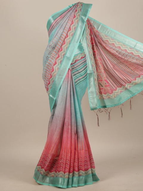 

Pothys Turquoise Blue & Pink Linen Blend Saree