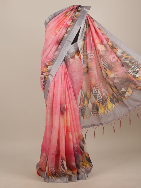 

Pothys Pink & Grey Linen Blend Saree