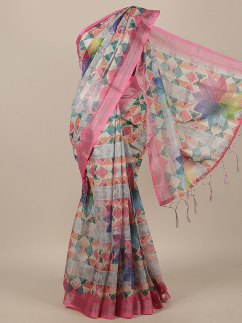 

Pothys Pink & Grey Linen Blend Saree