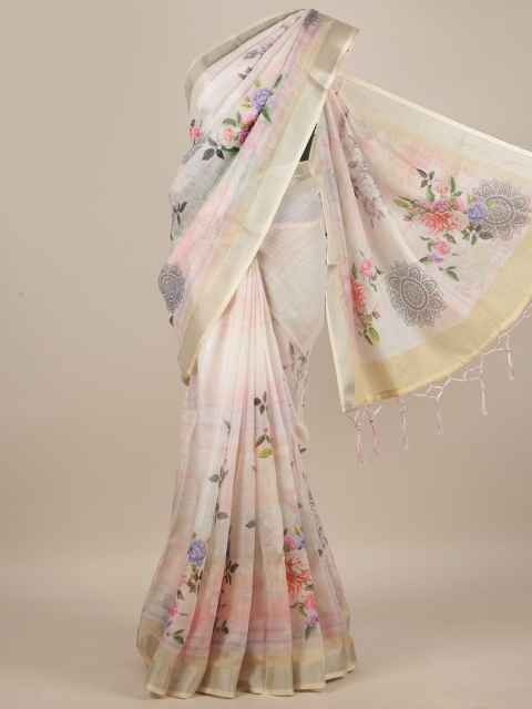 

Pothys Cream-Coloured & Grey Floral Linen Blend Saree