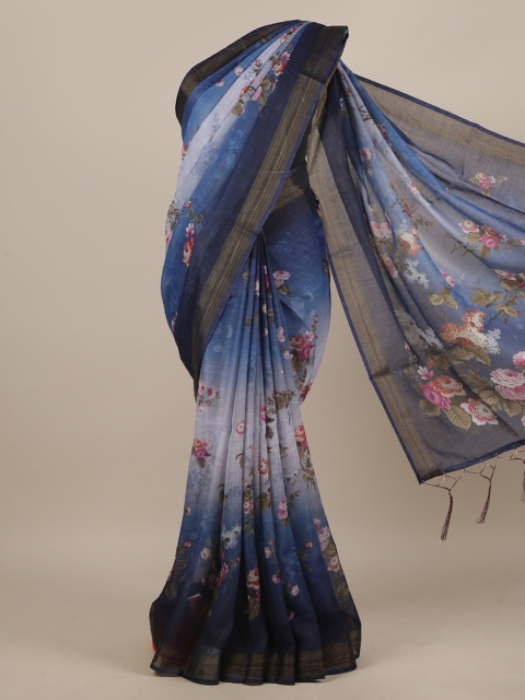 

Pothys Blue & White Floral Linen Blend Saree