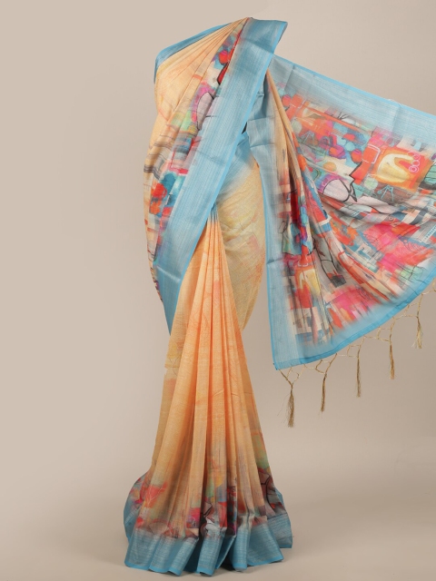 

Pothys Peach-Coloured & Blue Zari Linen Blend Saree
