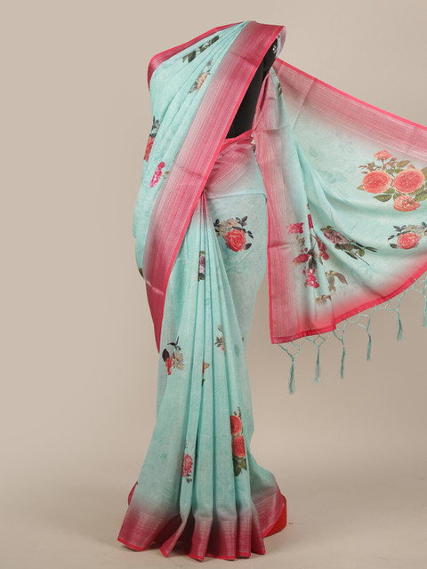 

Pothys Blue & Red Floral Linen Blend Saree