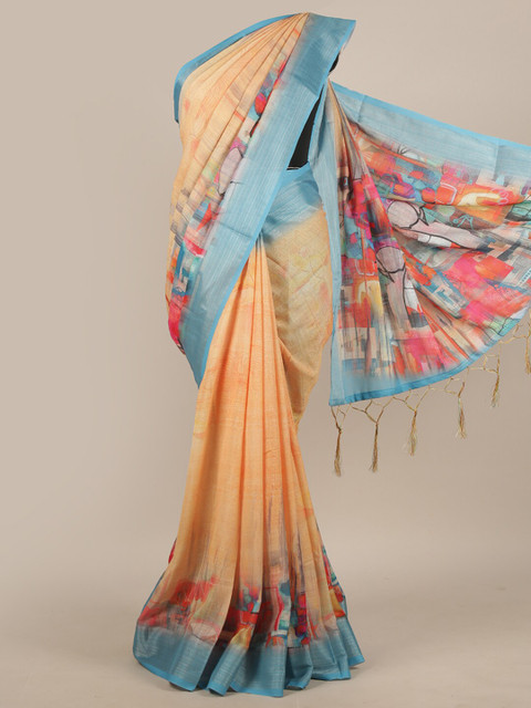 

Pothys Peach-Coloured & Blue Zari Linen Blend Saree