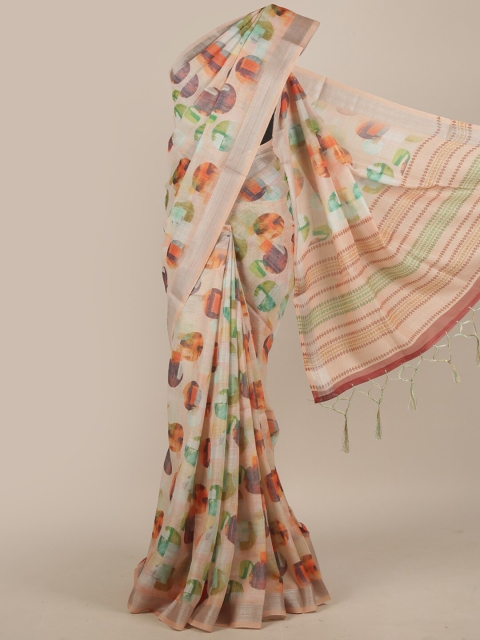 

Pothys Peach-Coloured & Green Linen Blend Saree