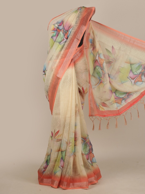 

Pothys Cream-Coloured & Orange Floral Linen Blend Saree