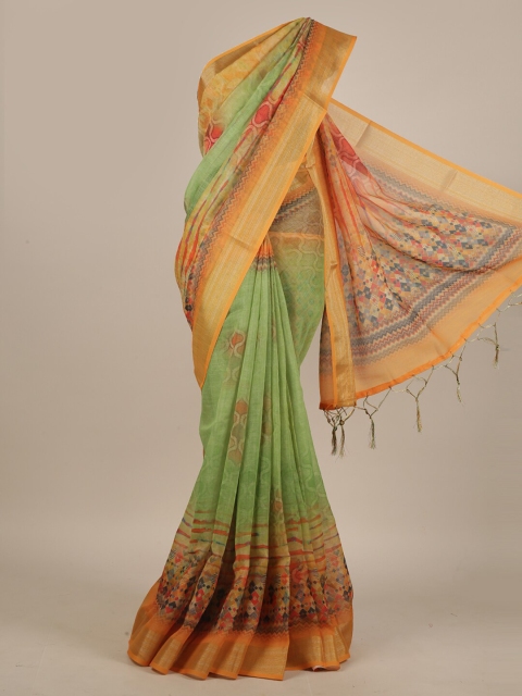 

Pothys Green & Orange Ethnic Motifs Zari Linen Blend Saree