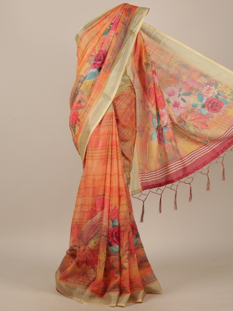 

Pothys Orange & Red Floral Linen Blend Saree