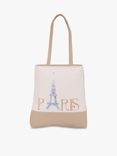 

POKORY Beige Printed Suede Structured Tote Bag with Applique