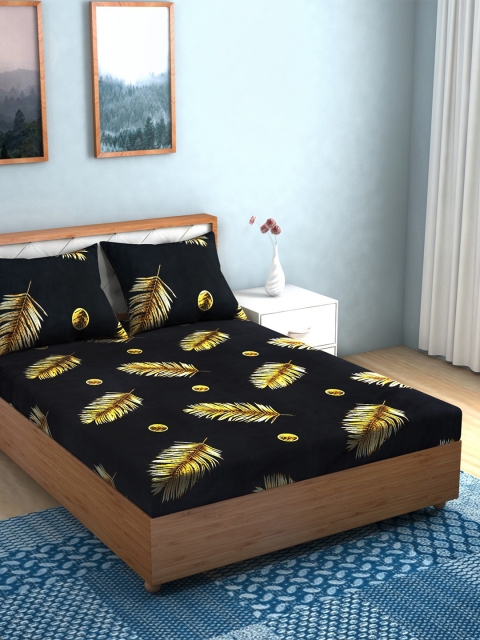 

Niamh by Tag 7 Black & Yellow Floral 144 TC King Bedsheet with 2 Pillow Covers