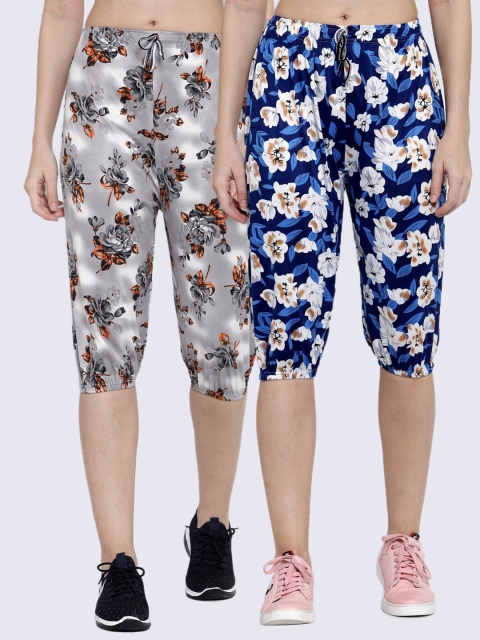 

KLOTTHE Women Pack of 2 Blue & Grey Floral Printed Mid-Rise Capris