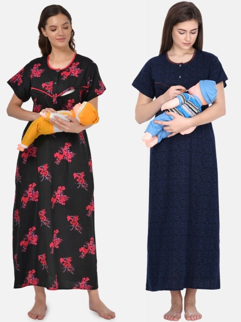 

Klamotten Women Pack Of 2 Printed Feeding Maxi Nightdress, Navy blue