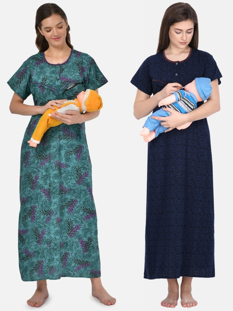 

Klamotten Women Pack Of 2 Navy Blue & Sea Green Pure Cotton Maternity Maxi Night Dresses