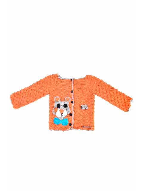 

The Original Knit Kids Orange & Grey Handmade Acrylic Cardigan with Applique Detail
