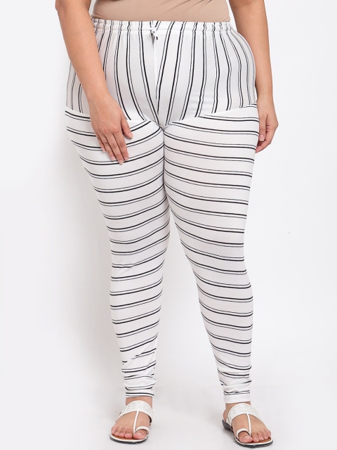 

KLOTTHE Women Plus Size White & Black Striped Ankle-Length Leggings