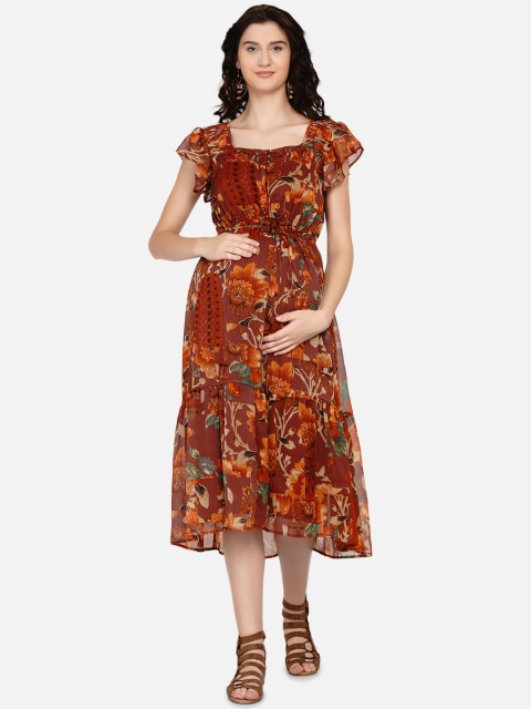 

Mine4Nine Brown & Orange Floral Chiffon Maternity Midi Dress